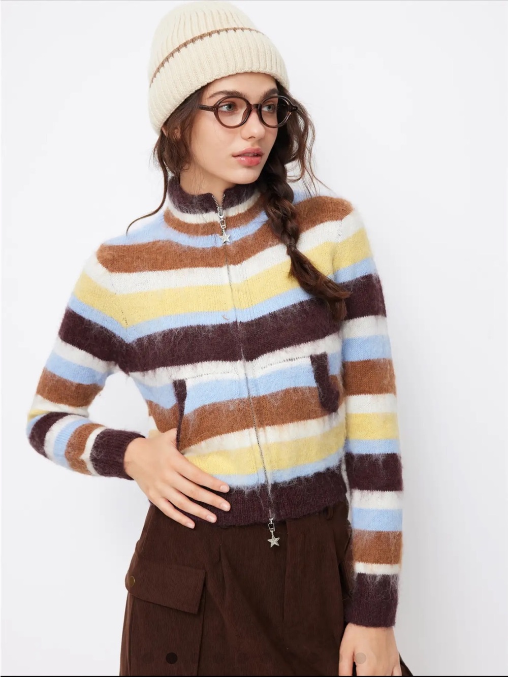 Cider Striped Fuzzy Zip-Front Sweater - Cream, Brown, Blue, Yellow